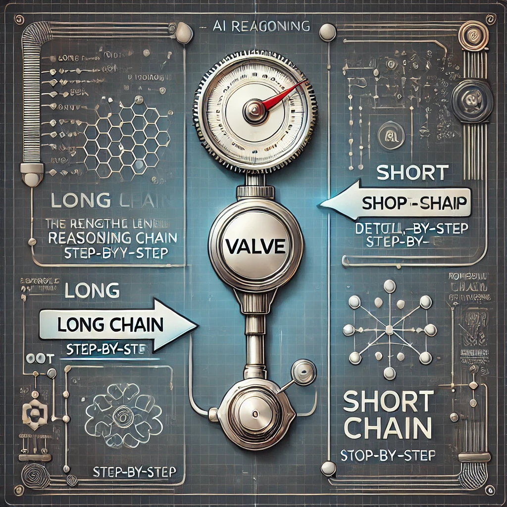 Illustration of the CoT-Valve mechanism for AI reasoning, showing a valve control adjusting from 'Long Chain' for detailed reasoning to 'Short Chain' for concise reasoning, with neural network patterns in the background.