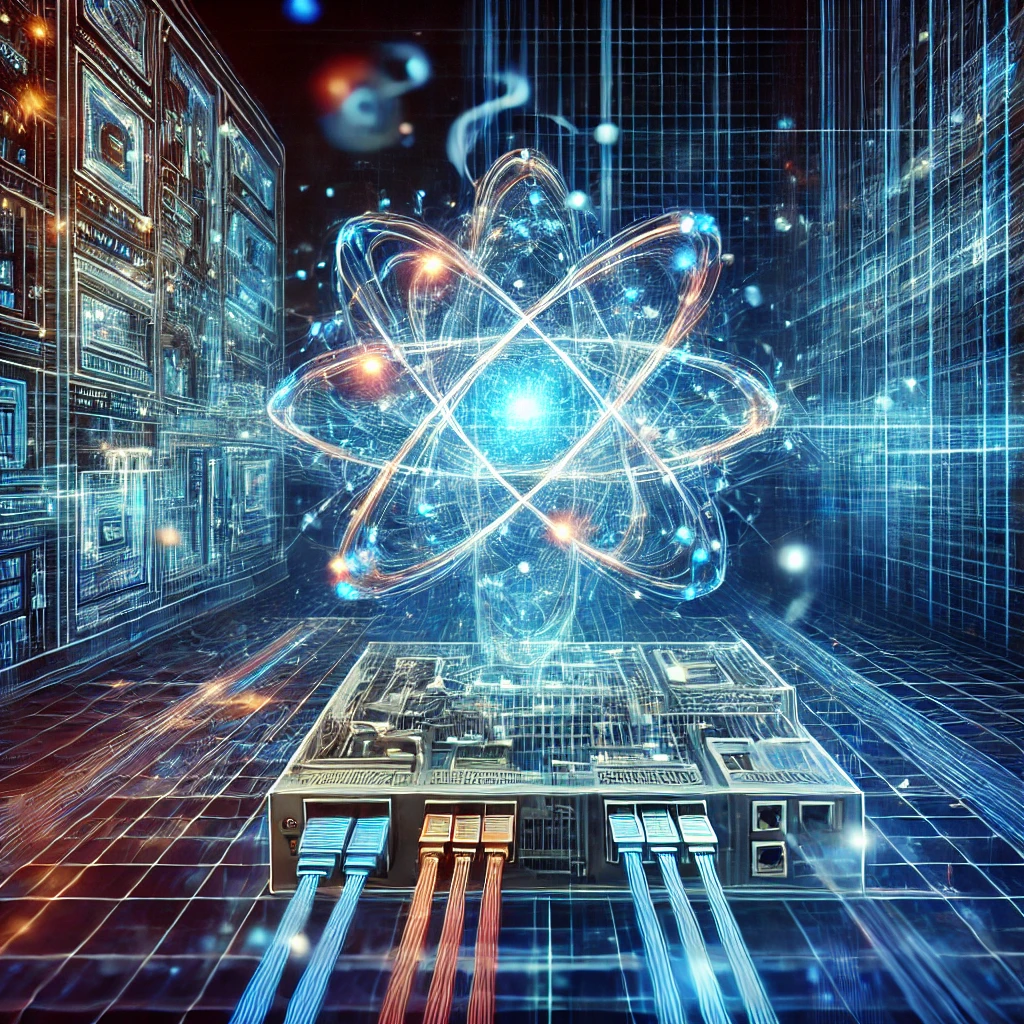 A hybrid quantum-classical system with a glowing quantum circuit connected to a classical computer, highlighting digital glitches symbolizing software faults.