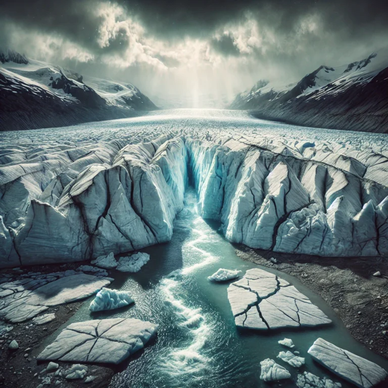 A photograph depicting a glacier with noticeable signs of melting, including reduced ice mass and water runoff, illustrating the effects of accelerated glacial retreat.