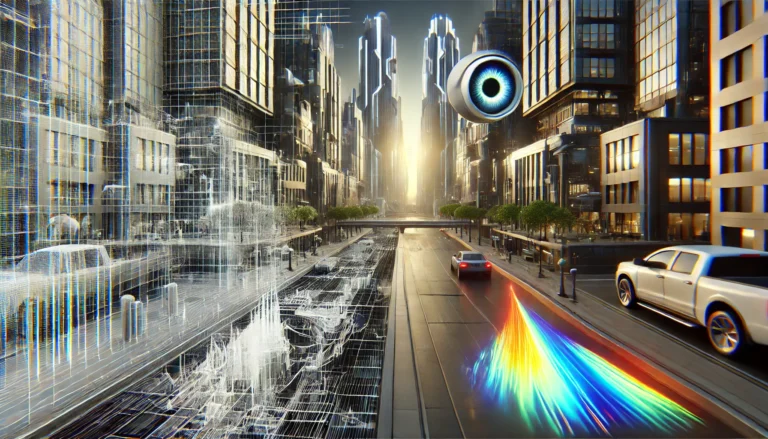 AI-generated 3D cityscape with visual distortions, demonstrating challenges in NeRF-based view synthesis.