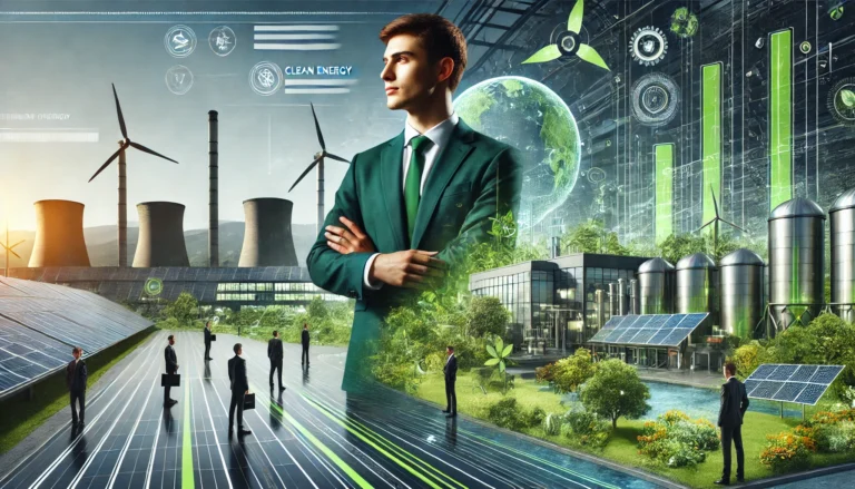 A leader guiding a team in a futuristic, eco-friendly industrial setting with sustainable technology and greenery.