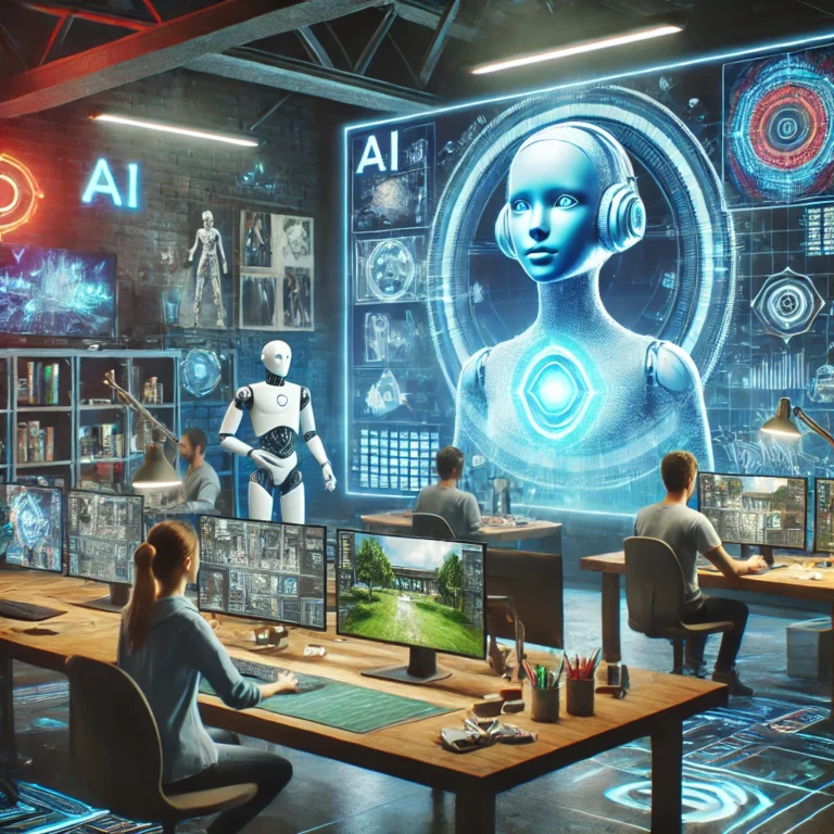 A futuristic game development studio where AI and human designers collaborate, featuring a holographic AI assistant generating game environments, with developers reviewing and modifying elements on large screens. The studio is filled with advanced technology, including concept art, 3D models, and gaming consoles.