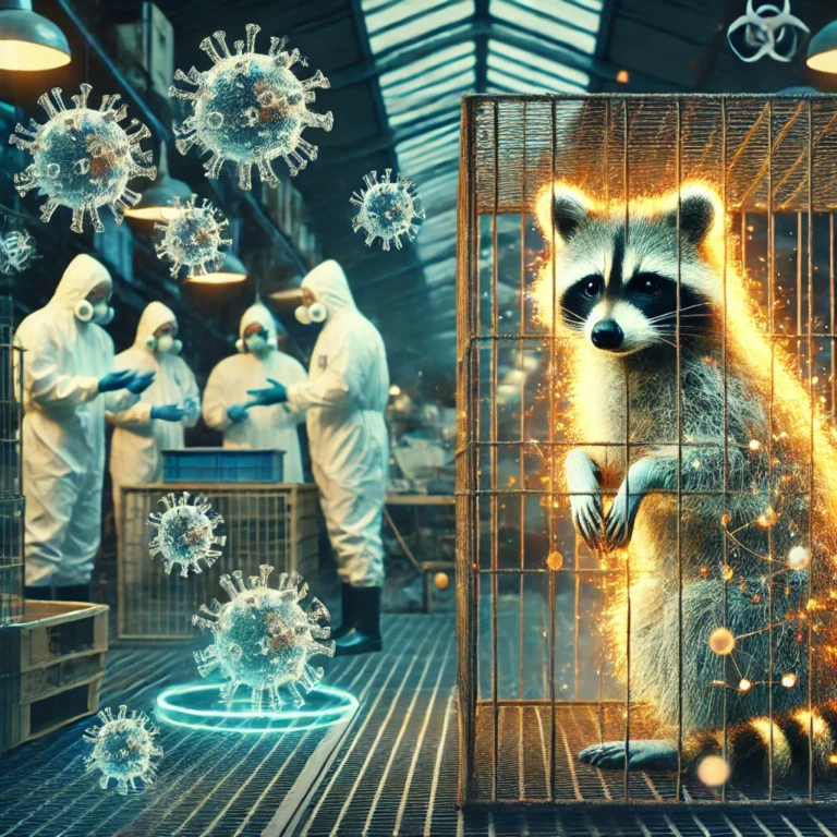 An artistic depiction of zoonotic virus transmission in a wildlife market, showing a raccoon dog in a cage with a glowing representation of a virus in the air. Scientists in protective suits investigate in the background, collecting samples. The atmosphere is tense, combining realism with scientific visualization.