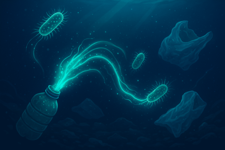 Illustration of microbes in the ocean breaking down plastic waste with enzymatic activity.