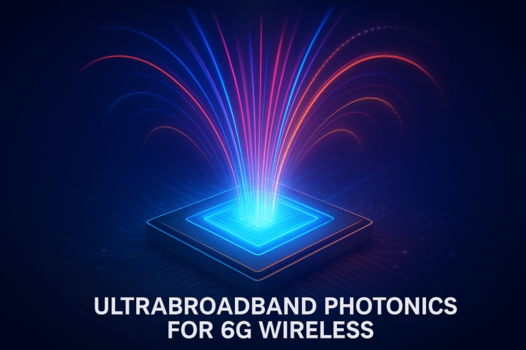 Illustration of a photonic chip enabling ultrabroadband wireless communication across microwave to terahertz frequencies for 6G networks.