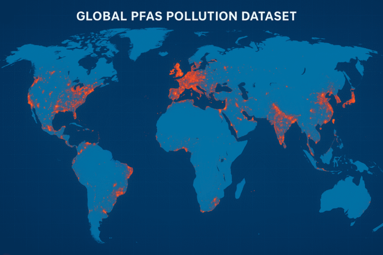 Digital illustration of a global map highlighting PFAS pollution hotspots in rivers, lakes, and coasts.
