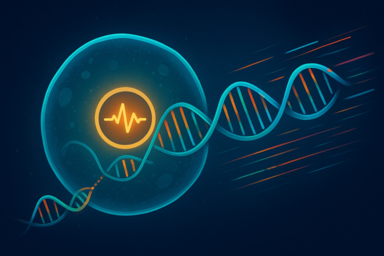 Illustration of a living cell equipped with DNA-based recorders capturing its history in real time.