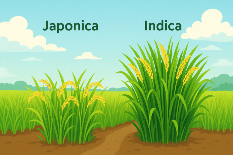 Illustration of rice fields showing genetic improvement with OsNLP4 for higher yields and nitrogen efficiency.