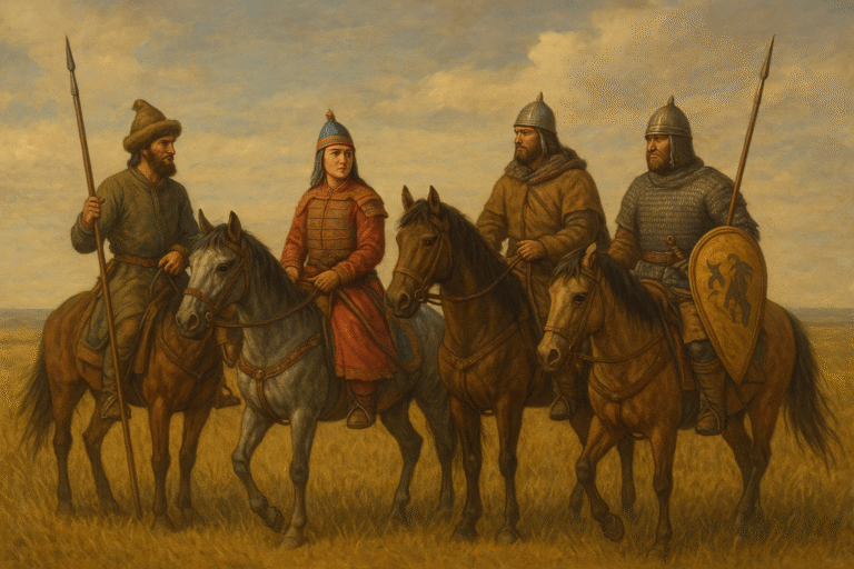 Illustration of medieval steppe nomads symbolizing blended genetic origins in Eurasia.